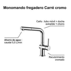 Monomando fregadero CUADRADO con ducha extraíble