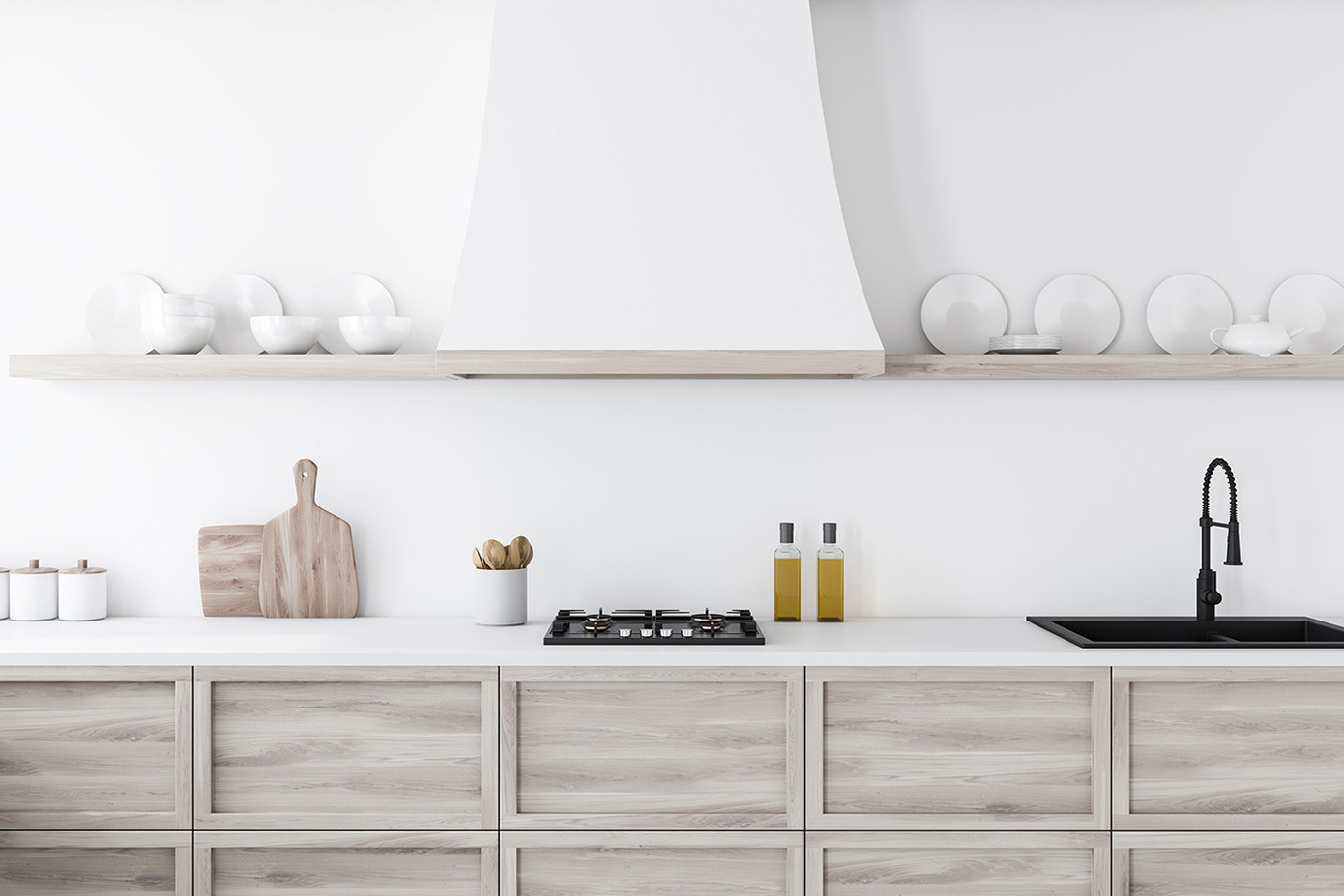Ambiente cocina moderna blanco y madera con grifería elegante