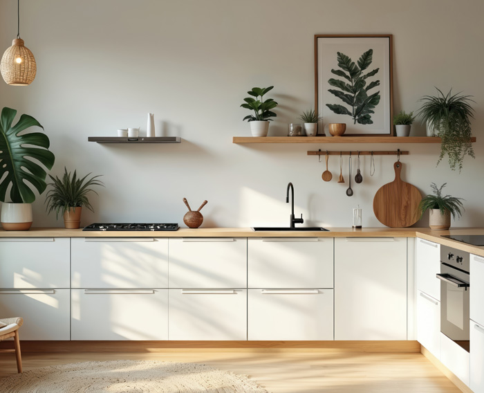 Cuisine blanche et bois avec mitigeur évier noir